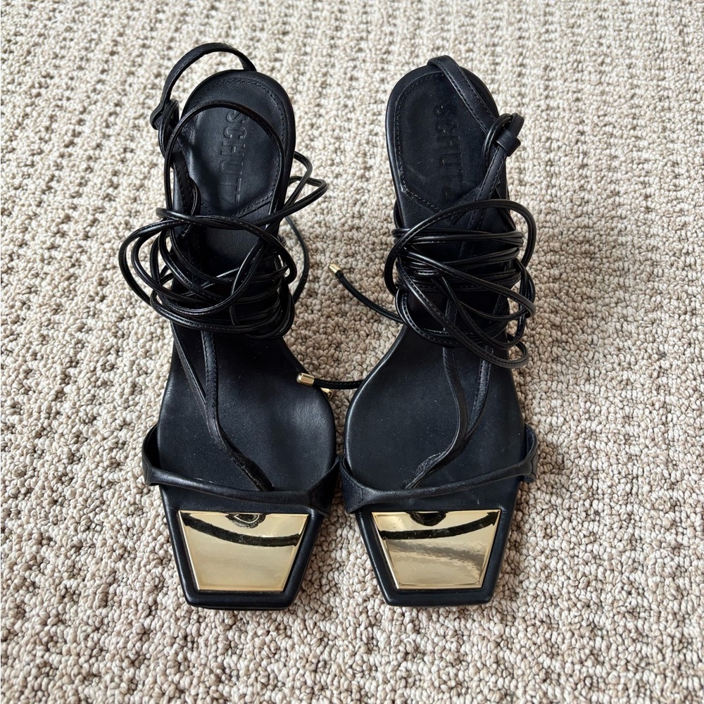 Black Strappy Heeled Sandals with Gold Accent